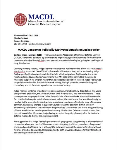 MACDL Condemns Politically-Motivated Attacks on Judge Feeley