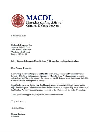 MACDL Letter of Support for Conditional Guilty Pleas