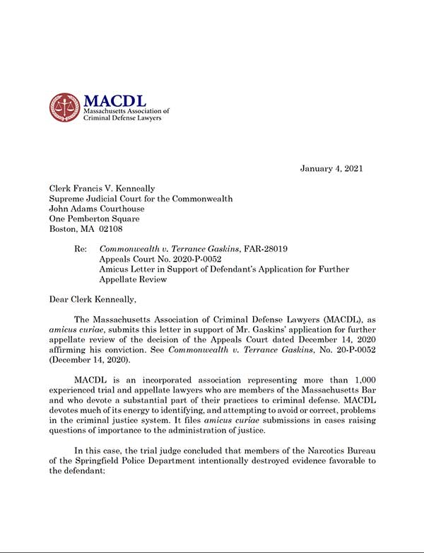 Springfield Police Destruction of Evidence MACDL Amicus